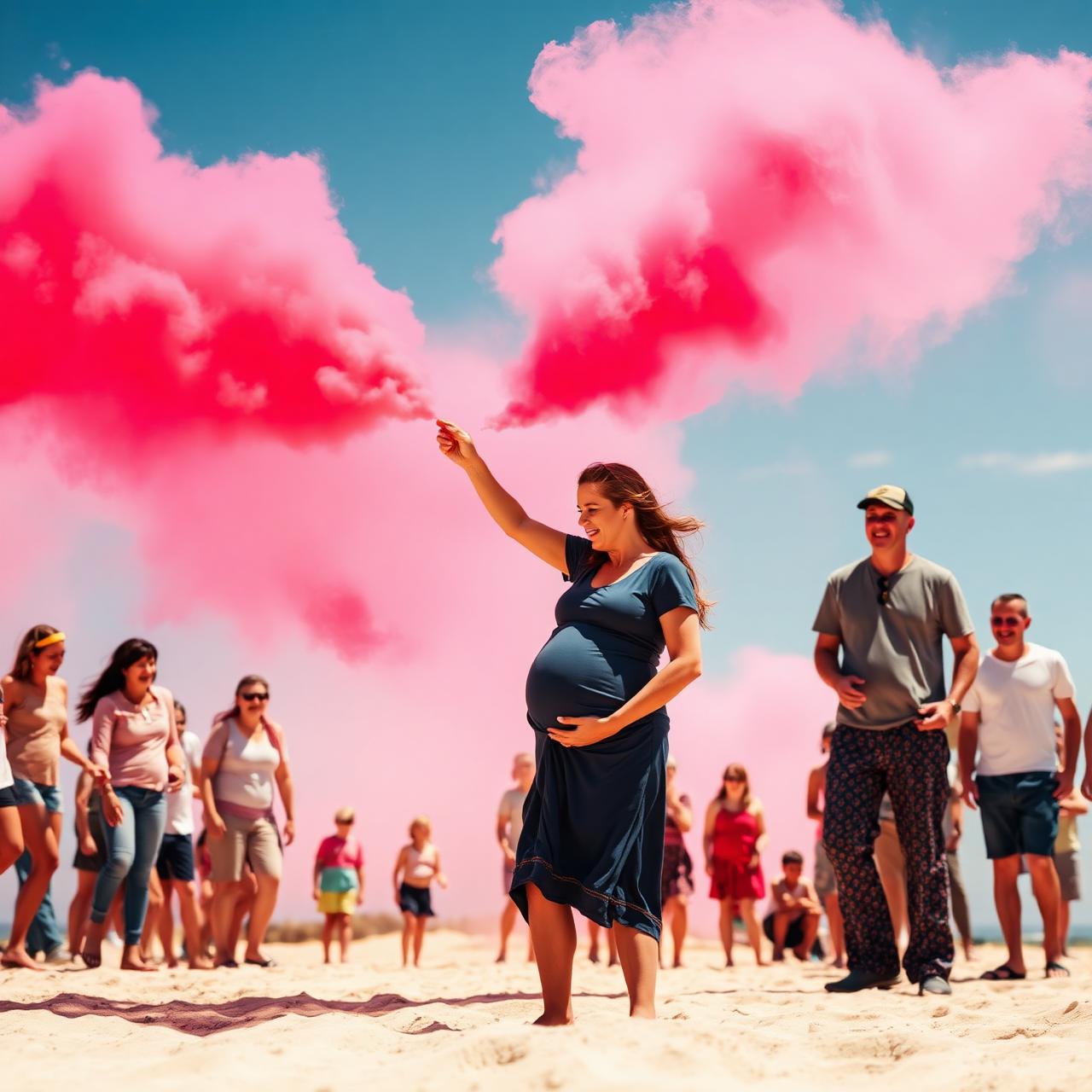Pregnant woman with pink powder cloud at the beach
