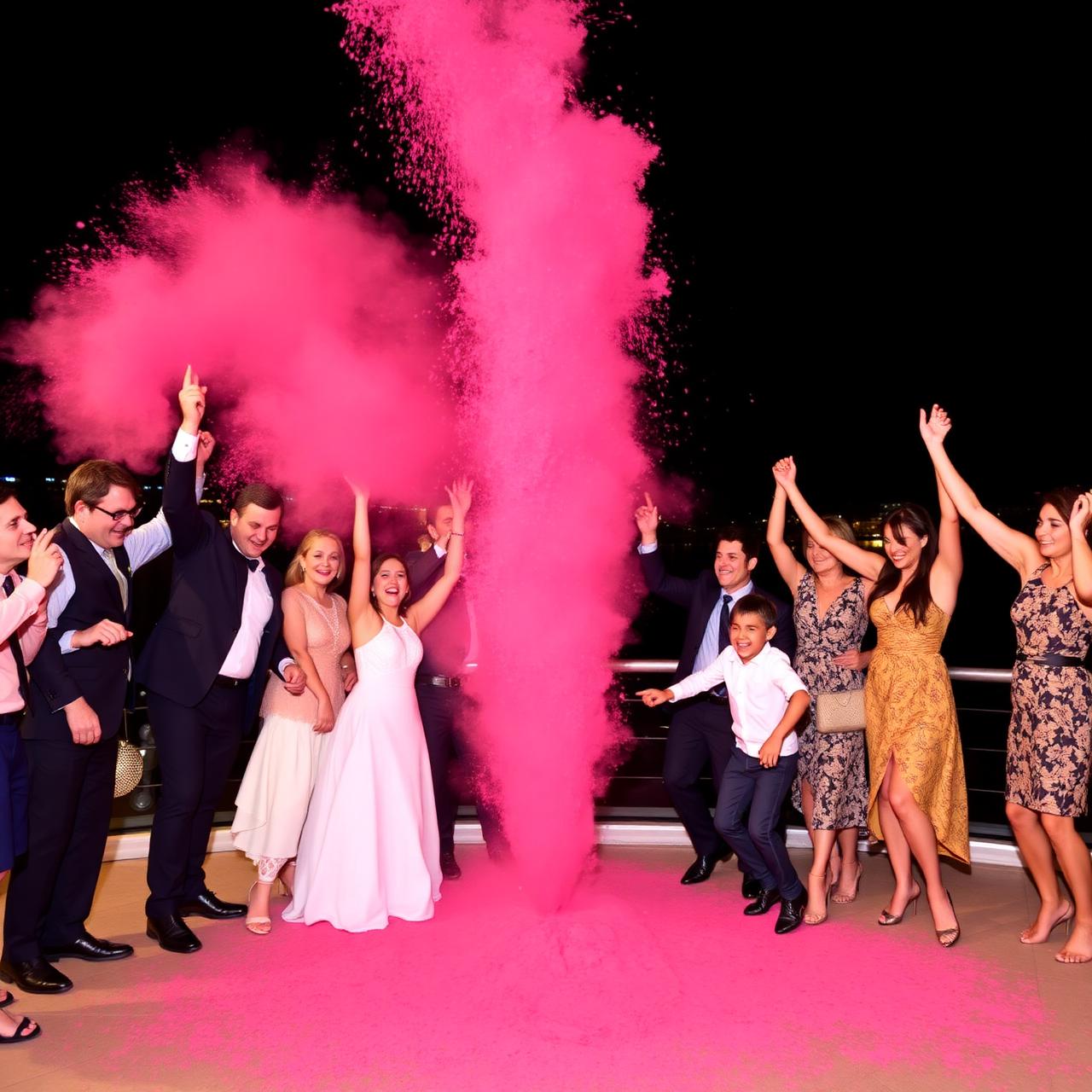 Family celebrating pink powder reveal on harbourside terrace