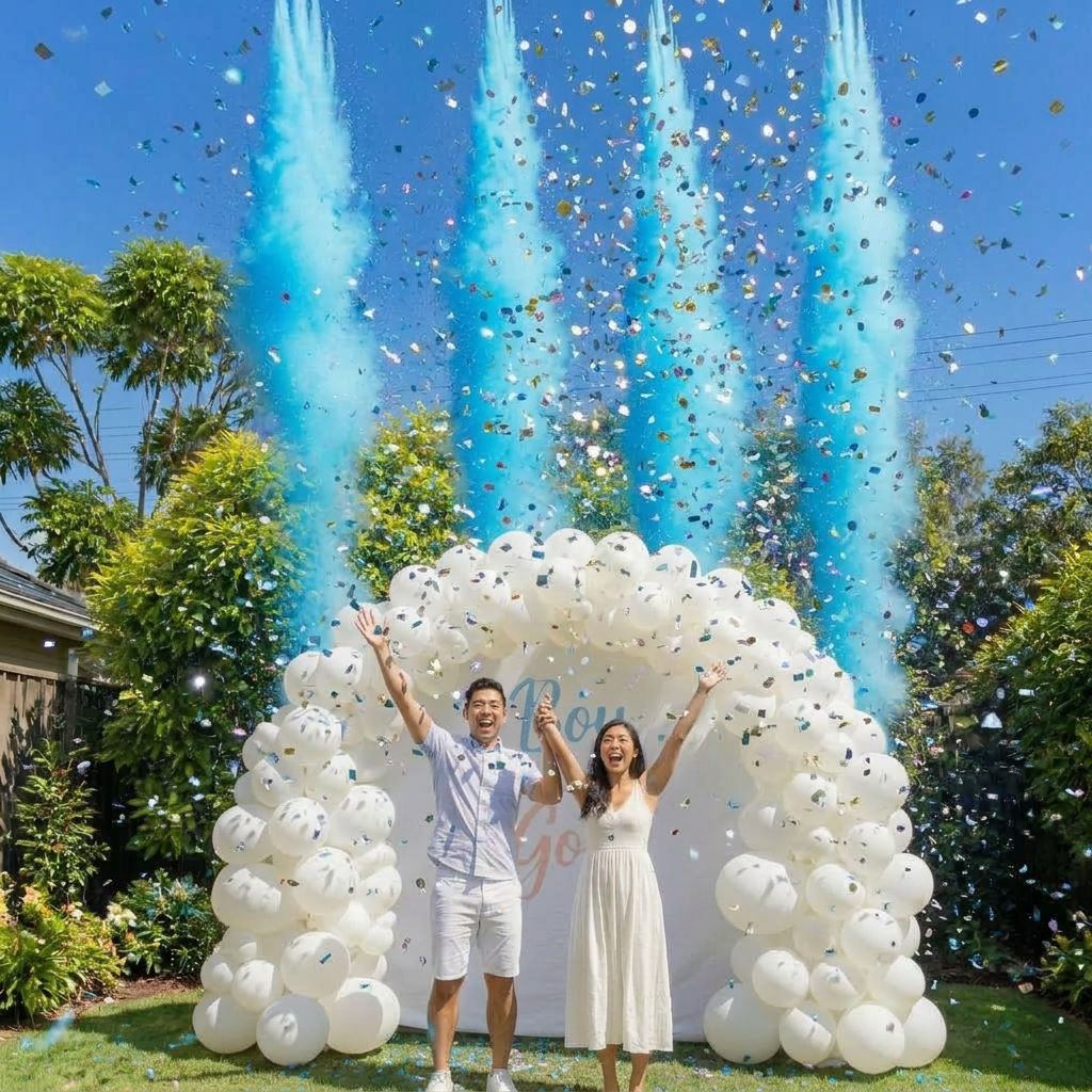 Asian family celebrating gender reveal with four blue CO2 powder jets behind pink and blue balloon arch