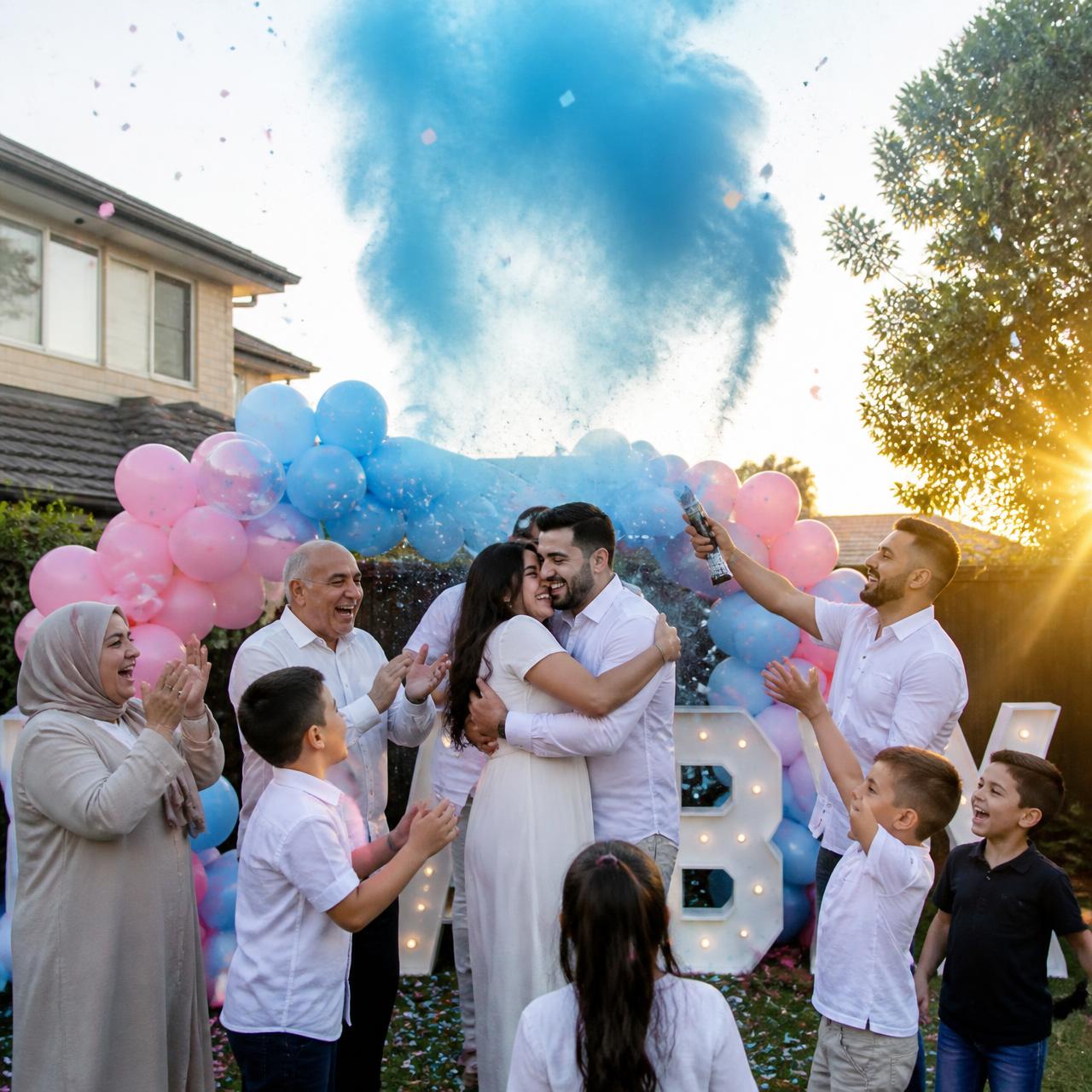 Middle Eastern family celebrating blue powder gender reveal in Sydney backyard with balloon arch