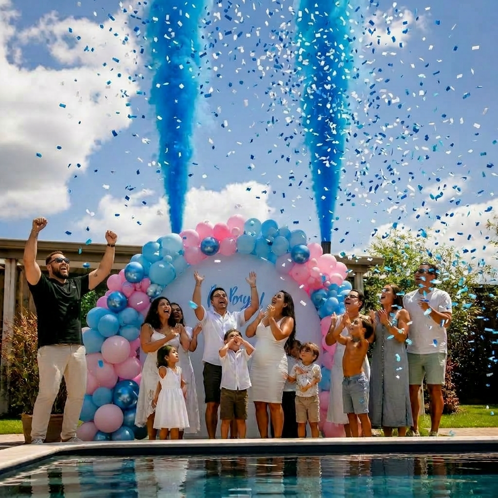 Australian backyard pool gender reveal with blue powder blast and balloon arch
