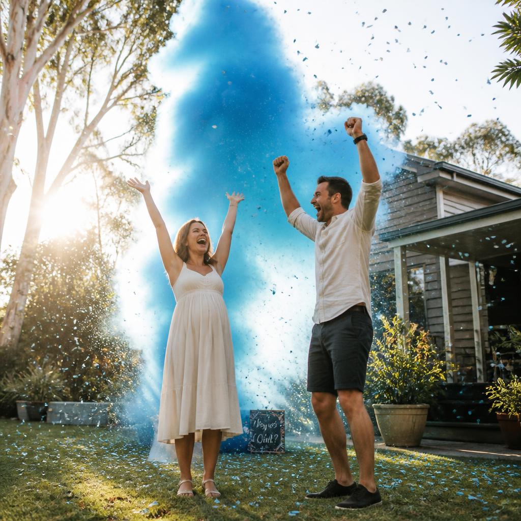 Australian couple cheering with blue powder plume in sunny backyard