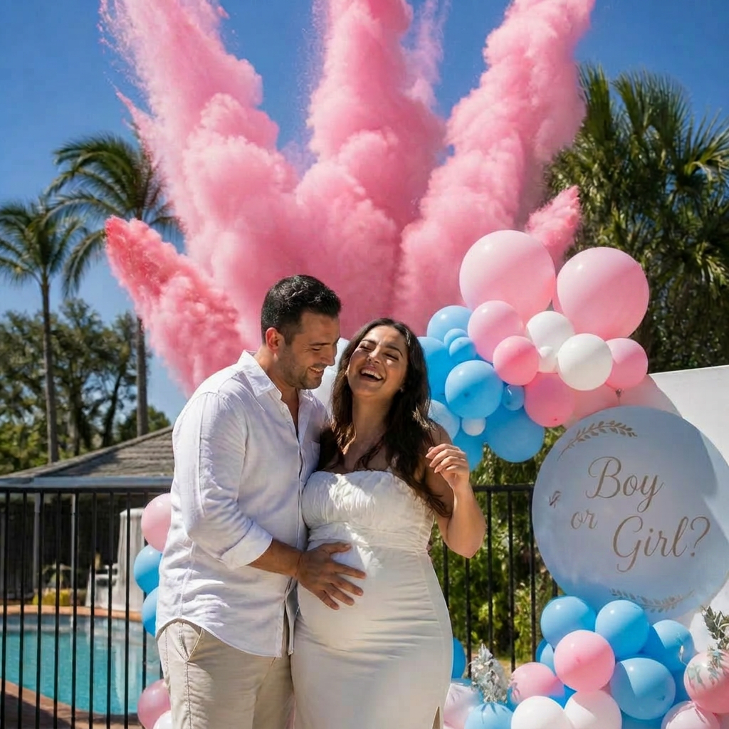 Couple celebrating gender reveal with pink powder plumes and balloon arch by pool