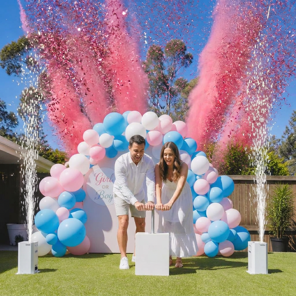 Couple pressing white TNT plunger as pink powder and confetti blasts behind balloon arch in Australian backyard