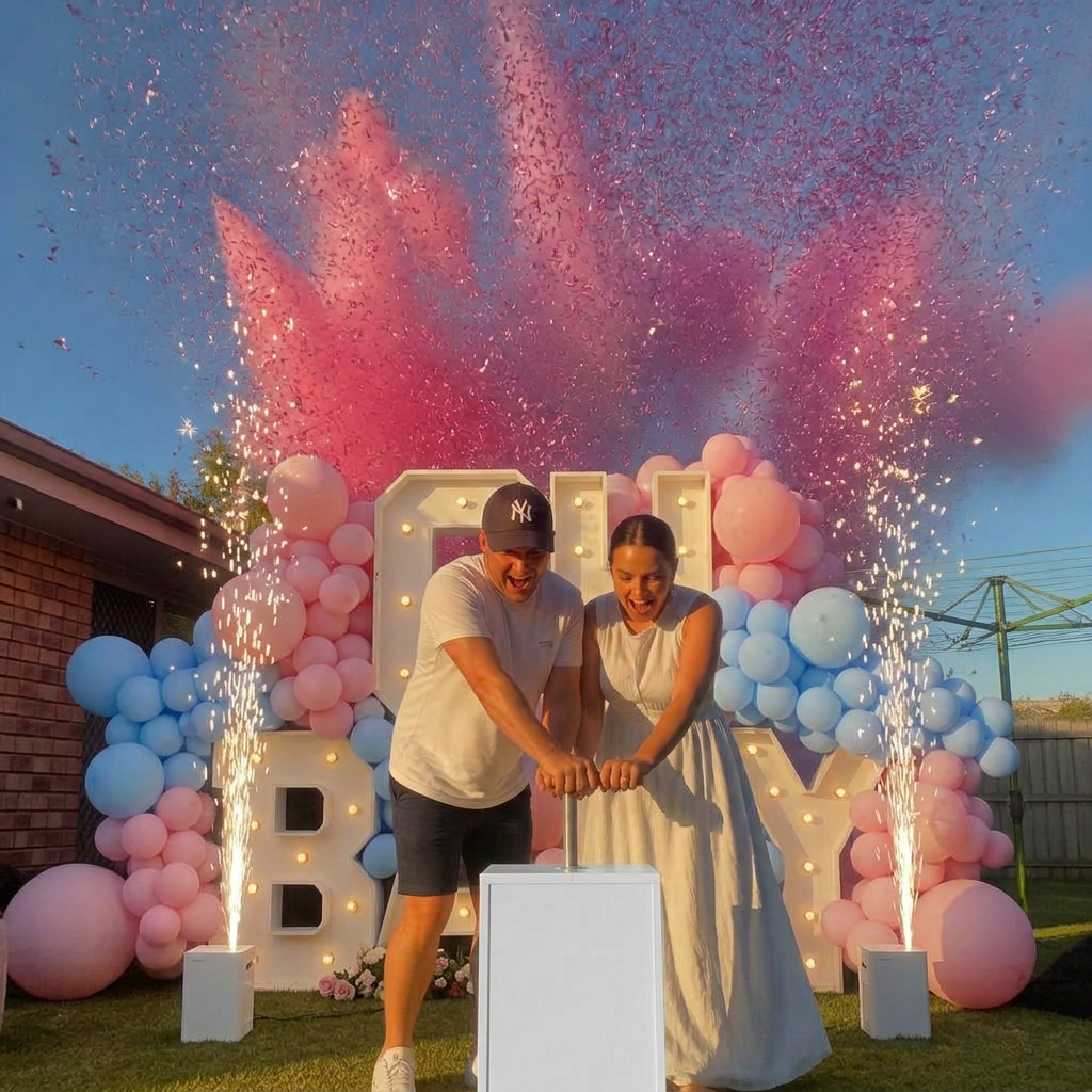 Excited couple pushing white TNT detonator with pink powder and confetti erupting behind balloons in Aussie backyard